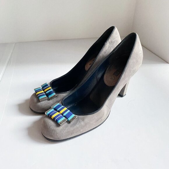 Celine Grey Suede Web Stripe Detail Round Toe High Heels 38  Italy - Picture 7 of 13
